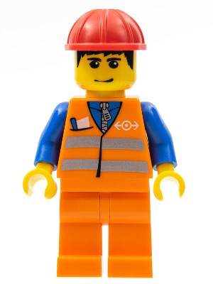 Orange Vest with Safety Stripes - Orange Legs, Red Construction Helmet, Black Hair, Eyebrows, and Smirk (trn132)