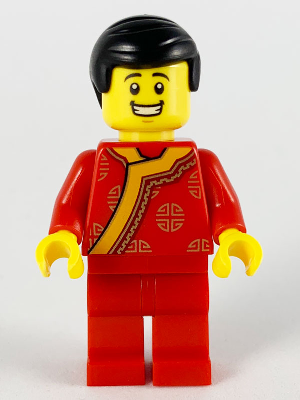 Toy Vendor, Black Hair, Red Changshan with Bright Light Orange Wide Hem, Gold Circles Pattern (hol186)