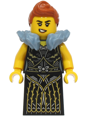 Queen - Black Dress with Gold and Silver Lines, Dark Orange Hair, Sand Blue Fur Collar (bdp220)