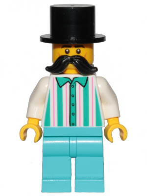 Fairground Employee, Male - Black Top Hat, Moustache, White Shirt with Stripes, Medium Azure Legs (cty1150)