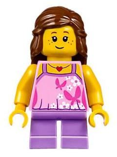 Girl - Bright Pink Top with Butterflies and Flowers, Medium Lavender Short Legs, Reddish Brown Female Hair Mid-Length (twn297)