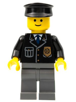 Police - City Suit with Blue Tie and Badge, Dark Bluish Gray Legs, Black Hat (cop050)