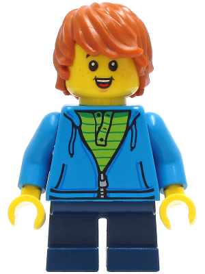 Child - Boy, Dark Azure Hoodie, Dark Blue Short Legs, Dark Orange Tousled Hair, Freckles, Smile with Teeth and Tongue (cty1271)