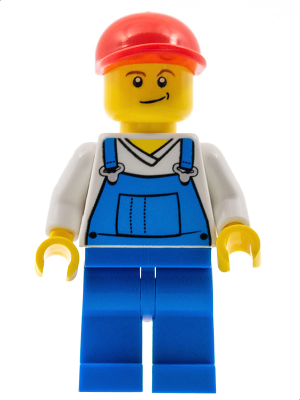 Overalls Blue over V-Neck Shirt, Blue Legs, Red Short Bill Cap, Crooked Smile (cty0320)