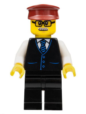 Train Driver - Male, Black Vest with Blue Striped Tie, Black Legs, Dark Red Hat, Glasses and Moustache (mk070)