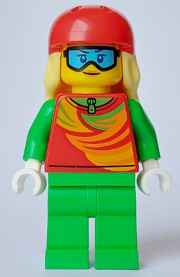 Skier - Female, Red Top, Bright Green Legs, Red Sports Helmet, Bright Light Yellow Long Hair, Ski Goggles (cty1638)