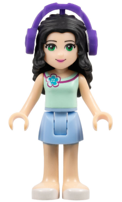 Friends Emma - Bright Light Blue Skirt, Light Aqua Top with Flower, Dark Purple Headphones (frnd0082)