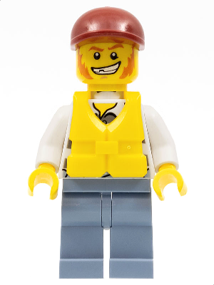 Police - Jail Prisoner Torn Overalls over Prison Stripes, Sand Blue Legs, Dark Red Short Bill Cap, Life Jacket Center Buckle (cty0283)