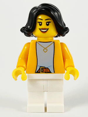 Woman - Bright Light Orange Jacket over Light Bluish Gray Shirt, White Legs, Black Mid-Length Hair (hol227)