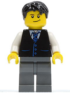 Black Vest with Blue Striped Tie, Dark Bluish Gray Legs, White Arms, Black Short Tousled Hair (twn049)