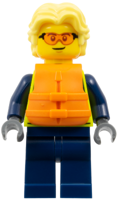Police - City Officer Male, Neon Yellow Safety Vest, Dark Blue Legs, Bright Light Yellow Wavy Hair, Orange Life Jacket, Safety Glasses (cty1700)