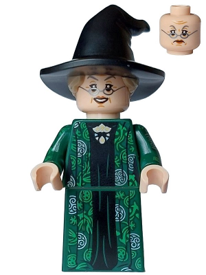 Professor Minerva McGonagall - Dark Green Robe over Black Dress, Hat with Hair, Printed Arms (hp473)
