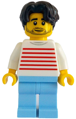 Modern House Resident - Male, White Sweater with Red Horizontal Stripes, Bright Light Blue Legs, Dark Brown Hair Wavy (twn505)