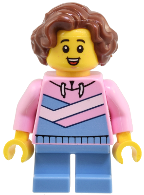 Child - Girl, Bright Pink Hoodie with Medium Blue and White Diagonal Stripes, Medium Blue Short Legs, Reddish Brown Wavy Hair (twn504)