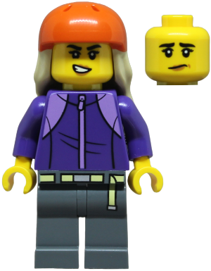 Skateboarder - Female, Dark Purple Tracksuit, Dark Bluish Gray Legs, Reddish Orange Sports Helmet, Tan Long Hair (cty1878)