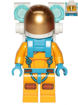 Lunar Research Astronaut - Female, Bright Light Orange and Dark Azure Suit, White Helmet, Metallic Gold Visor, Backpack Lights (cty1436)