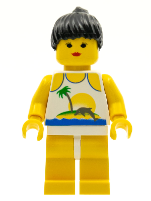 Island with Palm and Sun - Yellow Legs, Black Ponytail Hair (par022)