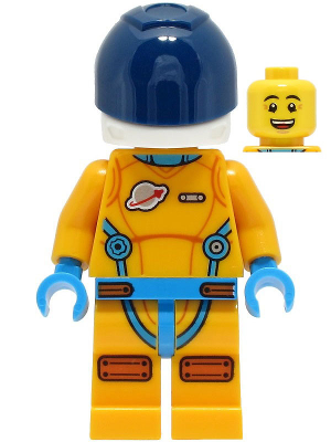 Lunar Research Astronaut - Male, Bright Light Orange and Dark Azure Suit, White Helmet, Dark Blue Visor, Open Mouth Smile (cty1431)