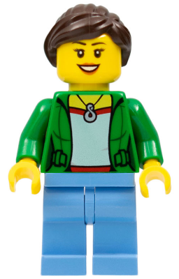 Customer - Green Female Jacket Open with Necklace, Medium Blue Legs, Dark Brown Ponytail and Swept Sideways Fringe (cty0675)