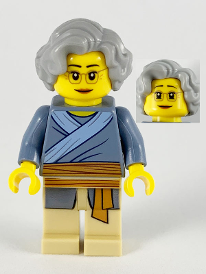 Porcelain Vendor, Female, Light Bluish Gray Hair, Glasses, Sand Blue Tunic, Medium Nougat Sash, Tan Legs (hol192)
