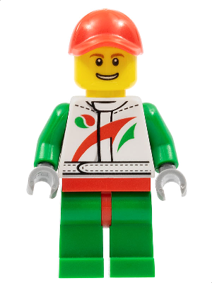 Race Car Mechanic, White Racing Suit with Octan Logo, Red Cap with Hole, Brown Eyebrows, Thin Grin with Teeth (cty0390)
