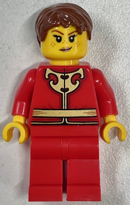 Woman - Red Tang Jacket with Gold Chinese Scrollwork, Red Legs, Brown Short Hair (hol418)