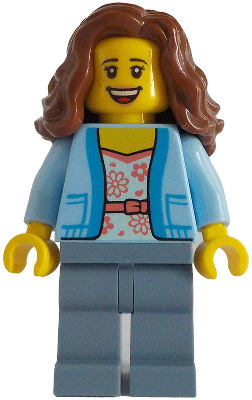 Passenger - Female, Bright Light Blue Jacket over White Shirt with Coral Flowers, Sand Blue Legs, Reddish Brown Wavy Hair (bdp135)