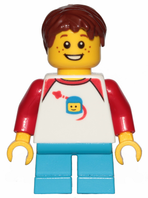 Boy, Freckles, Classic Space Shirt with Red Sleeves, Dark Azure Short Legs, Reddish Brown Hair Short Tousled with Side Part (idea051)