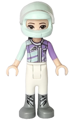 Friends Emma - White Trousers, Light Aqua and Medium Lavender Racing Jacket, Light Aqua Racing Helmet with Black Ponytail (frnd0261)