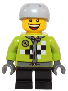 Lime Jacket with Wrench and Black and White Checkered Pattern, Short Black Legs, Sports Helmet with Vent Holes (hol073)