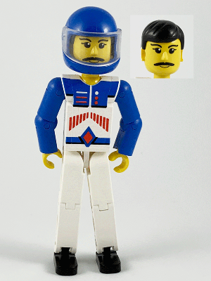 Technic Figure White Legs, White Top with Red Arrow-Type Stripes Pattern, Blue Arms, Blue Helmet (tech037a)