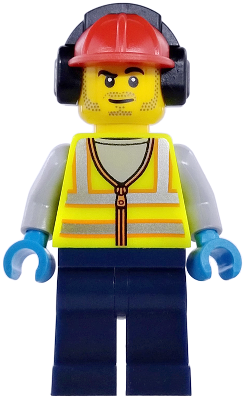 Airport Worker - Male, Neon Yellow Safety Vest with Reflective Stripes, Dark Blue Legs, Red Construction Helmet with Black Ear Protectors / Headphones, Stubble (cty1976)