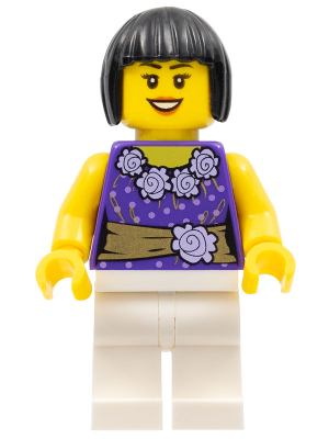 Female Dark Purple Blouse with Gold Sash and Flowers, White Legs, Black Bob Cut Hair (cty0354)