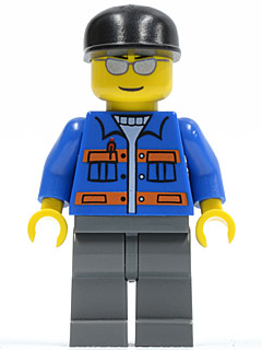 Blue Jacket with Pockets and Orange Stripes, Dark Bluish Gray Legs, Black Cap, Silver Sunglasses (cty0150)