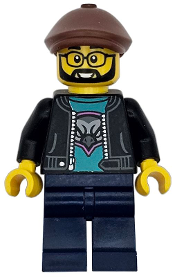 Race Truck Driver - Male, Black Jacket over Dark Turquoise Shirt with Hawk Head Logo, Dark Blue Legs, Reddish Brown Flat Cap, Beard, Glasses (cty1743)