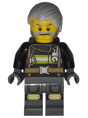 Art Factory Maintenance Worker - Male, Black Jacket with Reflective Stripes, Dark Bluish Gray Legs with Knee Pads, Light Bluish Gray Combed Hair (bdp269)