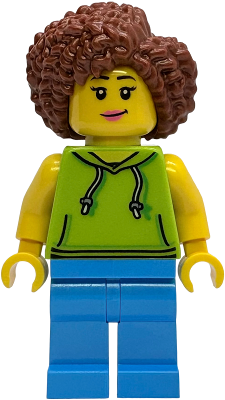 Scooter Driver - Female, Lime Hoodie, Dark Azure Legs, Reddish Brown Coiled Hair (idea248)