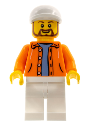 Hot Dog Vendor - Orange Jacket Hoodie over Medium Blue Sweater, White Legs, White Short Bill Cap, Beard (sc040)