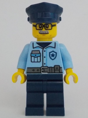 Police - City Officer Male, Bright Light Blue Uniform with Dark Bluish Gray Belt, Dark Blue Legs, Dark Blue Police Hat, Glasses, Moustache (cty1705)