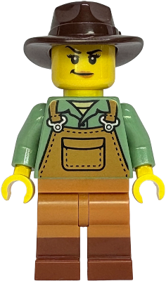 Gold Mine Miner - Female, Medium Nougat Overalls over Sand Green Shirt, Dark Tan Legs with Molded Reddish Brown Boots, Dark Brown Fedora (bdp305)