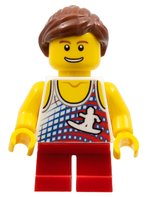 Tank Top with Surfer Silhouette, Red Short Legs, Reddish Brown Ponytail and Swept Sideways Fringe (gen061)