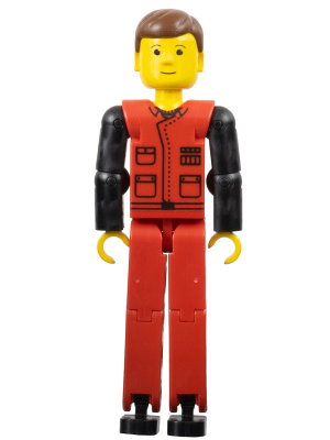 Technic Figure Red Legs, Red Top with Black Pattern, Black Arms, Brown Hair (tech028)