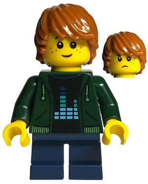 Child - Boy, Dark Green Hoodie, Dark Blue Short Legs, Dark Orange Tousled Hair, Freckles (bdp058)
