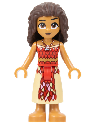 Moana (Medium Nougat) - Mini Doll, Dark Red and Red Strapless Top, Tan Long Skirt with Feathers, Dark Brown Hair (dp171)