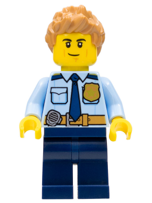 Police - City Officer Shirt with Dark Blue Tie and Gold Badge, Dark Tan Belt with Radio, Dark Blue Legs, Medium Nougat Spiked Hair (cty1126)