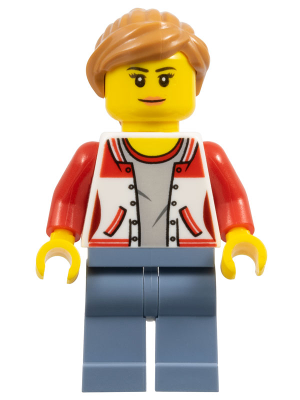 City Bus Passenger - Female Jacket Open with Number '8' on Back, Sand Blue Legs, Medium Nougat Hair Ponytail, Nougat Lips (cty0783)