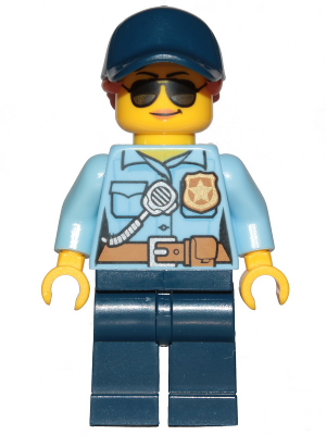 Police - City Officer Female, Bright Light Blue Shirt with Badge and Radio, Dark Blue Legs, Dark Blue Cap with Dark Orange Ponytail, Sunglasses (cty1090)