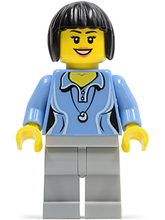 Medium Blue Female Shirt with Two Buttons and Shell Pendant, Light Bluish Gray Legs, Black Bob Cut Hair (cty0472)