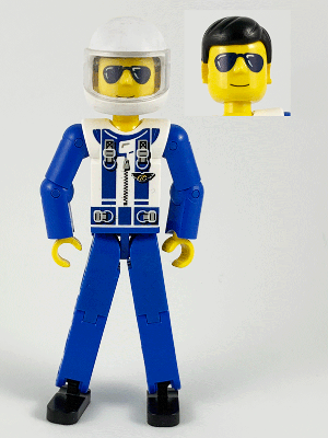 Technic Figure Blue Legs, White Top with Zipper and Blue Shoulder Harness Pattern, Blue Arms, White Helmet, Trans-Clear Visor (tech038b)
