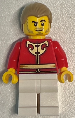 Man - Red Tang Jacket with Gold Chinese Scrollwork, White Legs, Dark Tan Hair (hol417)